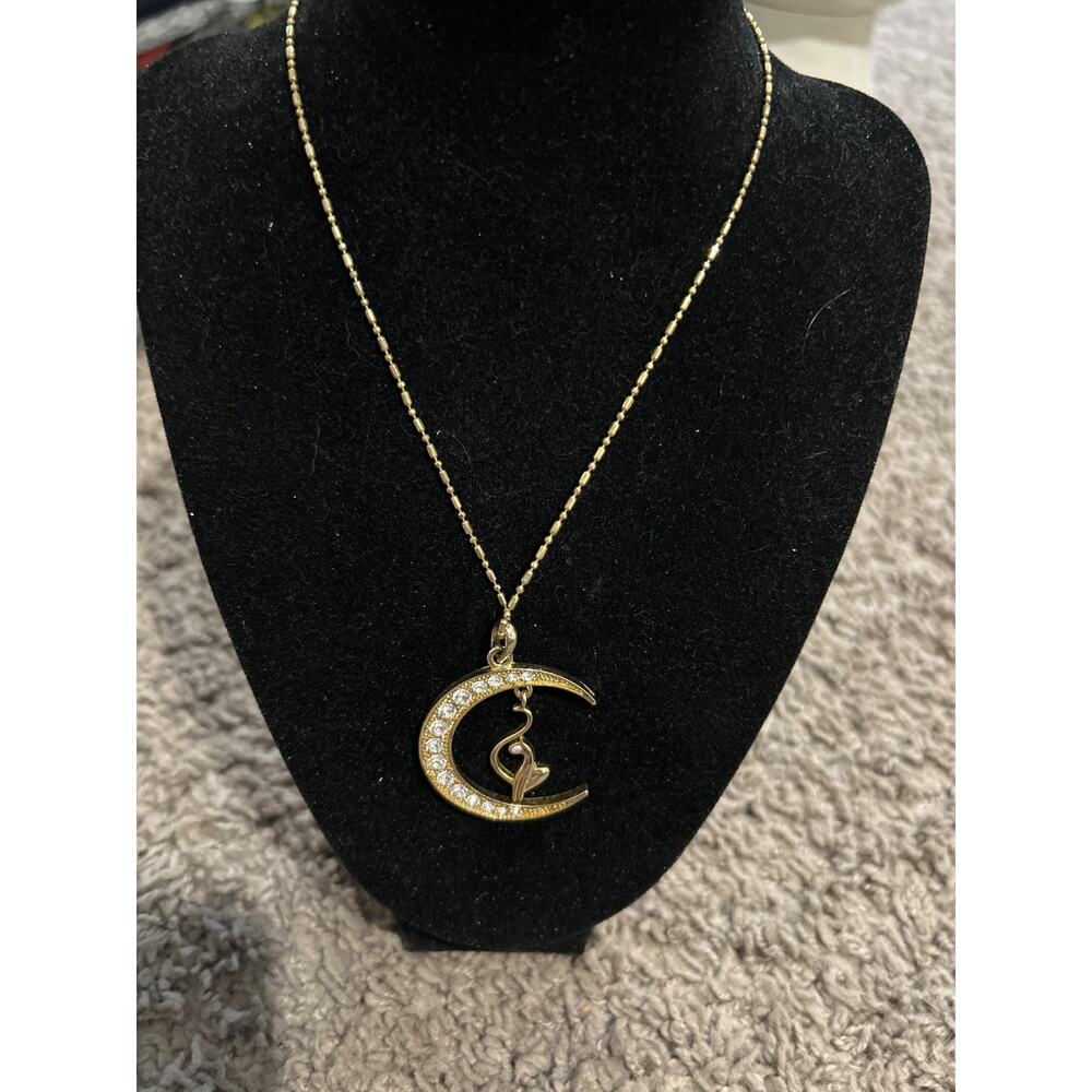 Gold Toned Cat on the moon nexklace with crystals
